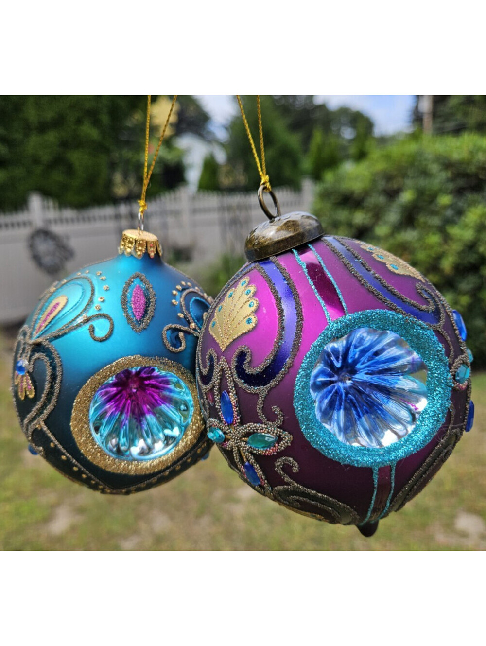 Pair of Purple Teal Glass Reflector Holiday Ornaments glitter & jeweled accents
